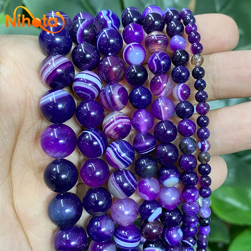 Natural Purple Banded Lace Striped Agates Round Stone Beads 4/6/8/10/12/14mm for Jewelry Making Handmade DIY Bracelet 15\