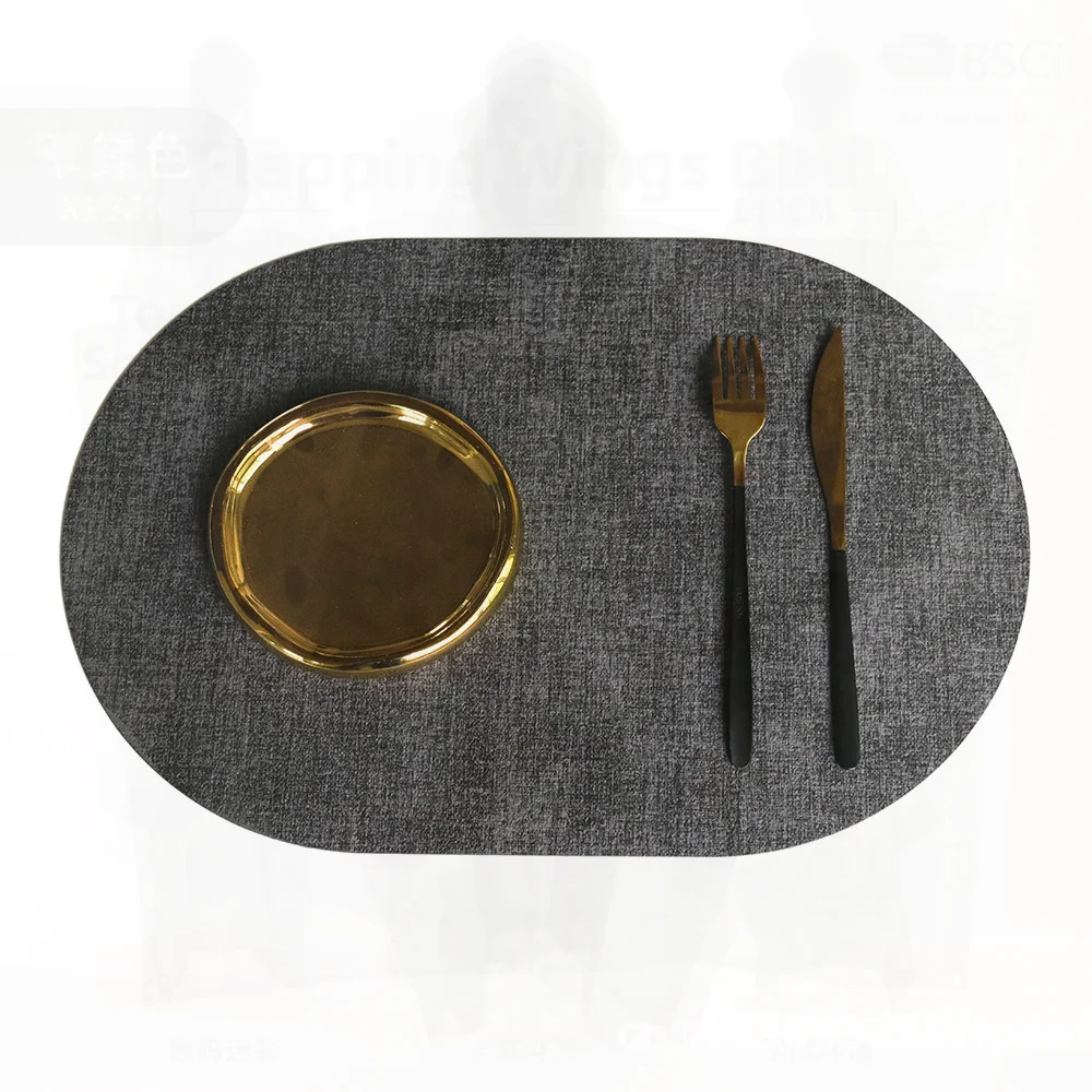 Luxury Leather Placemat Oval Waterproof Oil-proof Heat-Insulated Dining Table Mat for Hotel Restaurant Dark Gray Light Gray
