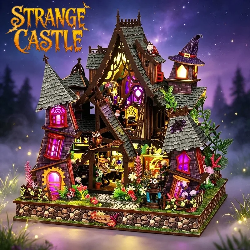 DIY Wooden Strange Castle Cottage Miniature Dollhouse 3D Puzzle Assembly Model Kits for Adults Birthday Gifts Toys Home Decor