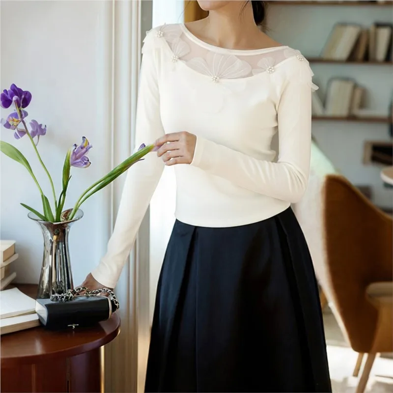 2026 Spring Casual Blusas T Shirt Tees Long Sleeve Top Elegant Women's Clothing Slim Mesh Patchwork Flower All-match Solid Color