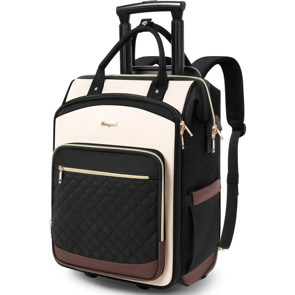 

Women's Dual-Opening Rolling Laptop Backpack with Wheels, Stylish and Functional, Perfect for Travel or College, Beige Brown