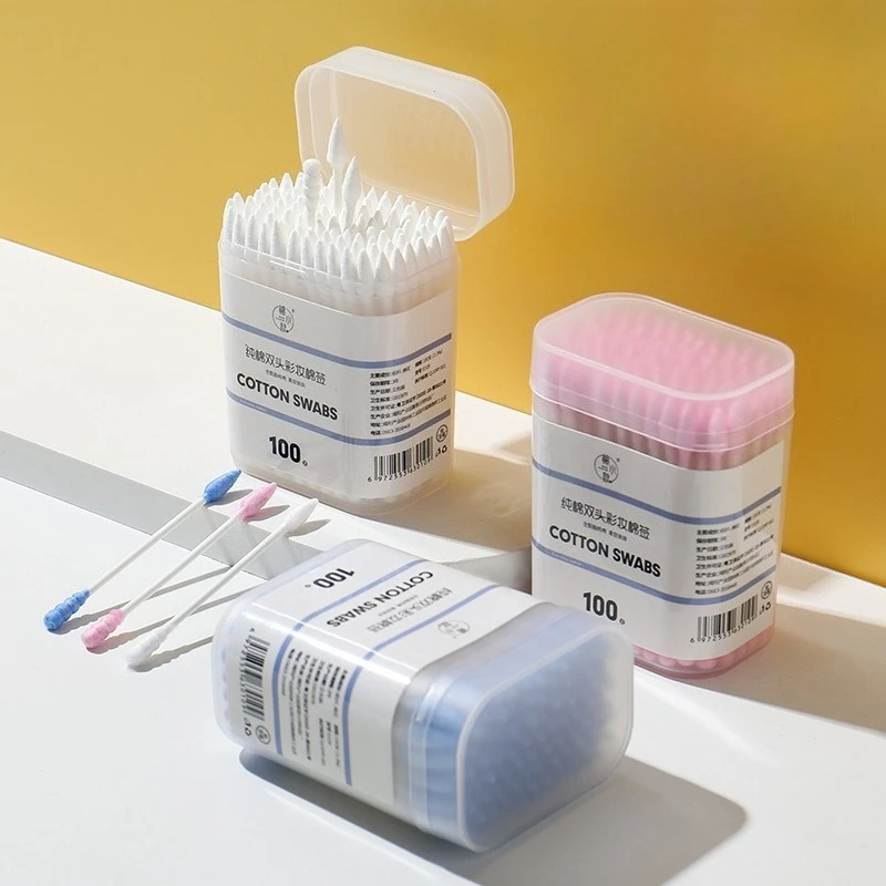 100 Uds. Por caja removedor de maquillaje de Color delineador de ojos limpiador hisopos de algodón puntiagudos en espiral de doble punta