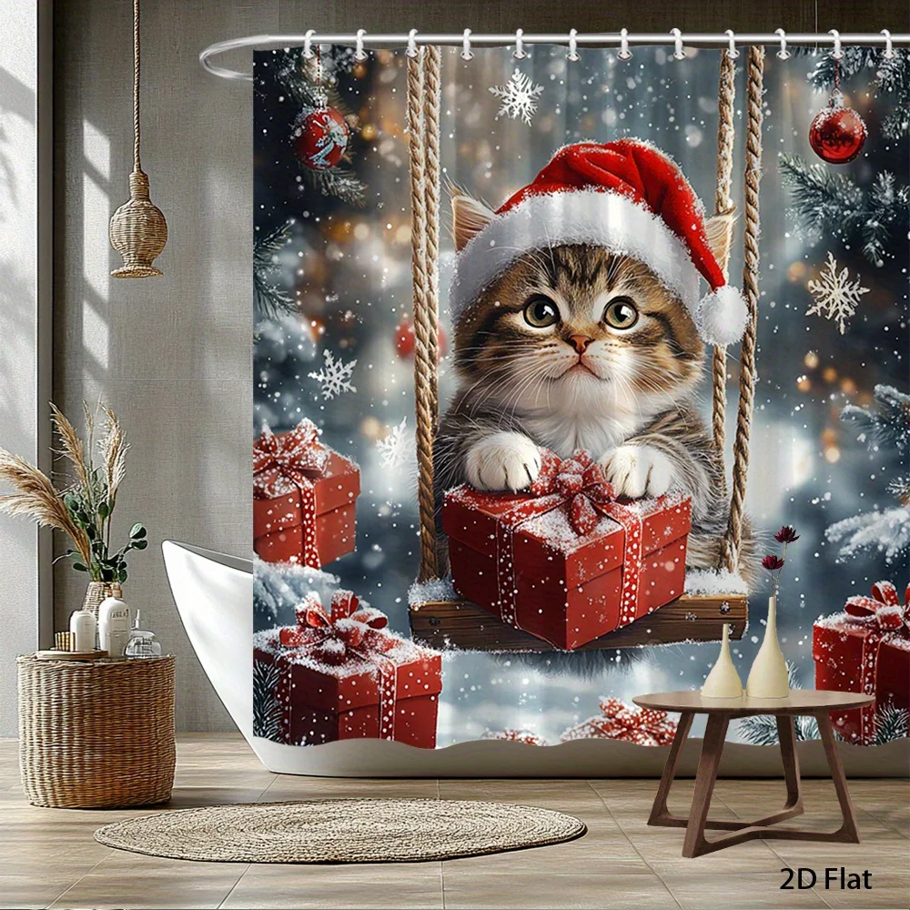 1pc 2D Flat Shower Curtain, Christmas Cat Red Gift Boxes & Snowflakes Printed Shower Curtain, Decor for Bathroom