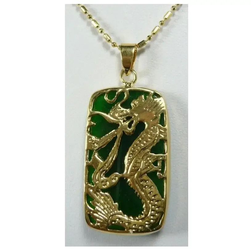 

men & women green Jade 18kgp inlay dragon Pendant Necklace