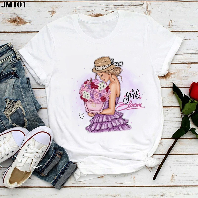 Women's Casual White Short Sleeve T-Shirt, Summer Fashion, Bouquet Girl Printed Tops, Harajuku Lady's Clothing