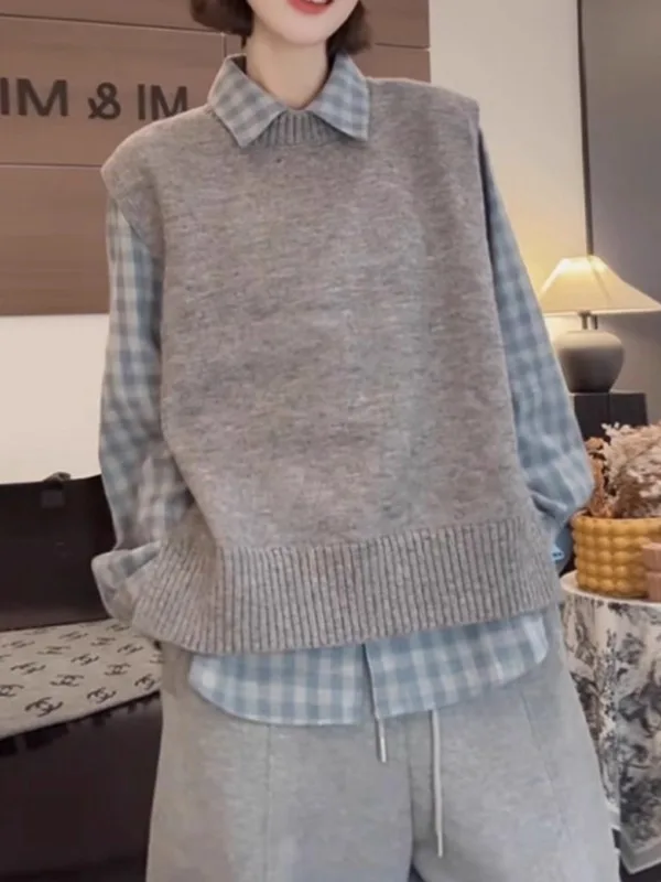 

Gray Sleeveless Knitted Base Shirt Women's Spring Large Size Fat MM Layering Inner Wear Loose Vest Tank Top Sweater