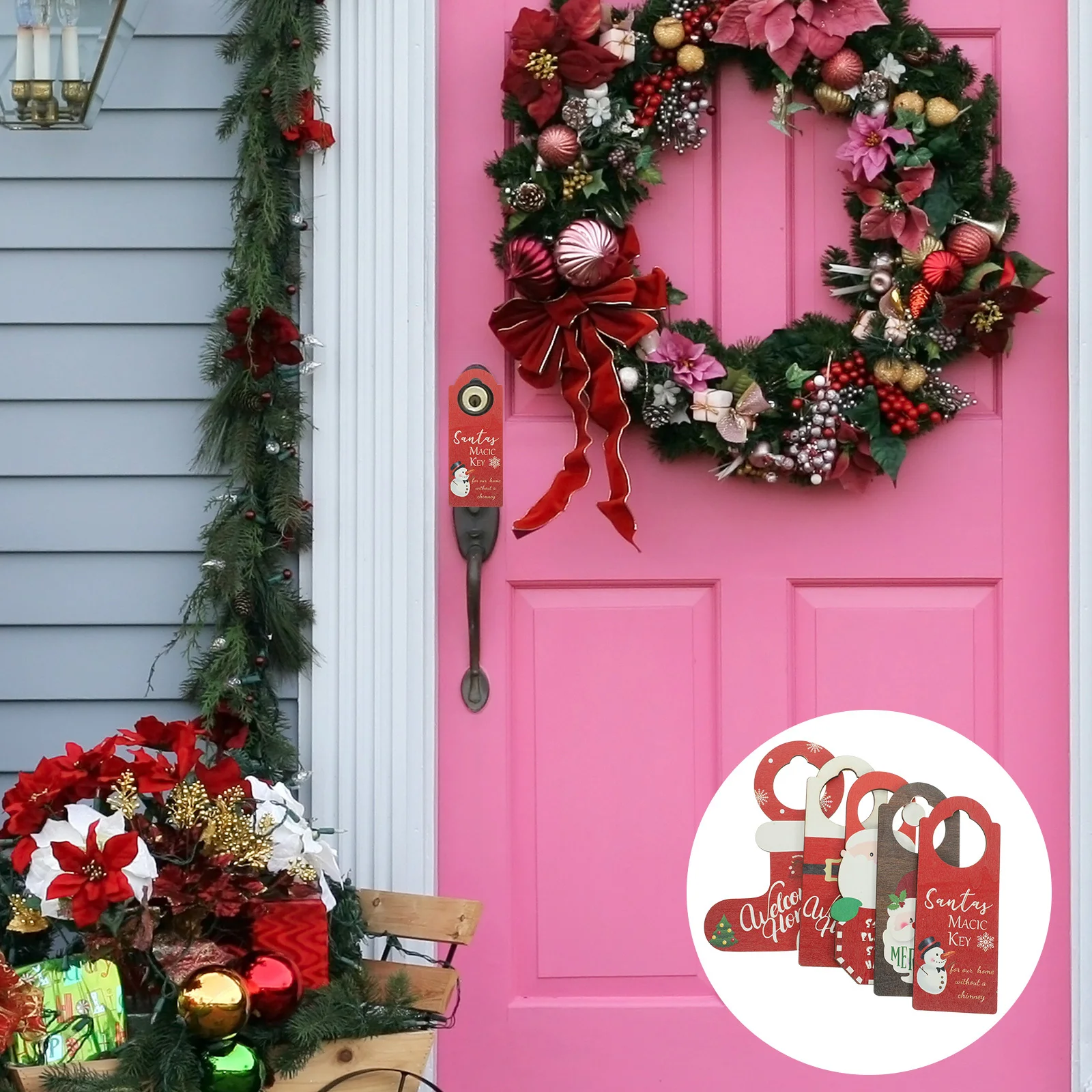 

5Pcs Christmas Wooden Hanging Decoration Door Knob Pendant for Front Back Door Room Xmas Hanging Ornament Festival Decor
