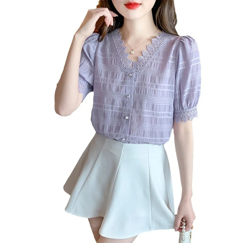 New 2024 Summer Office Shirt Womens Blouses V-Neck Vintage Work Casual Tops Chiffon Blouse Elegant Short Sleeve Loose Shirt