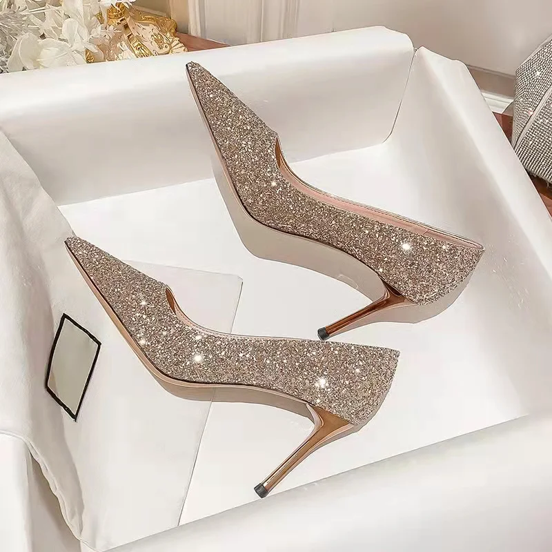 New Pointed Stiletto High Heels Shoes Sexy silver sequins Shallow Mouth Single Shoes Women\'s Work Dress Shoes High Heel Pumps