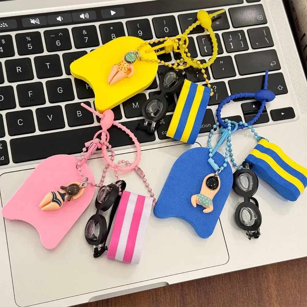 Cute Swim Themed Keychain With Mini Goggles Kickboard & Swimmer Charms Floating Keyring Bag Pendant Water Sports Bag Decoration