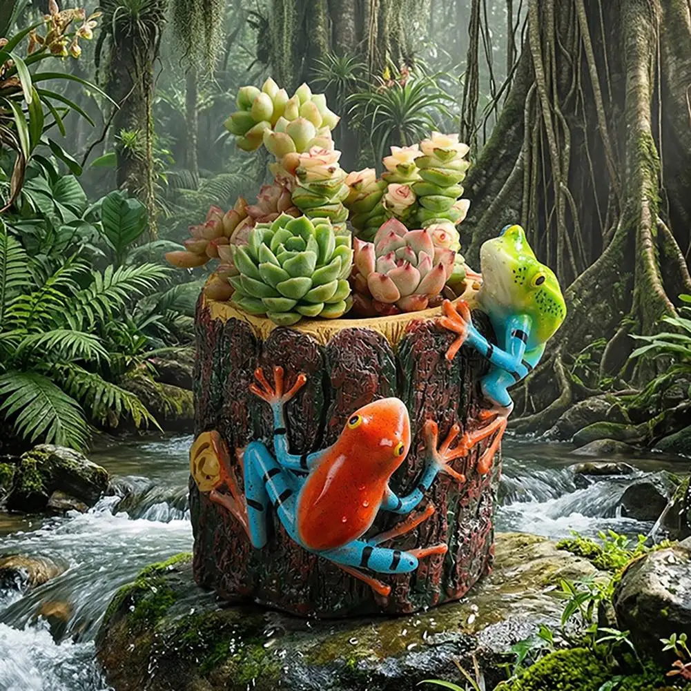 Flower Pot -stuffing Prevention Pot Tree Stump Shape Planter Pot with Frogs Resin Decorative Flower Container Small for Home