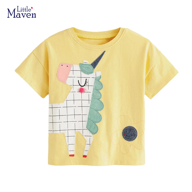 Little maven 2024 New Clothes Child Girls Summer Short Sleeves Kids Tops Tees Shirts Cartoon Unicorn Children\'s Clothing Cotton