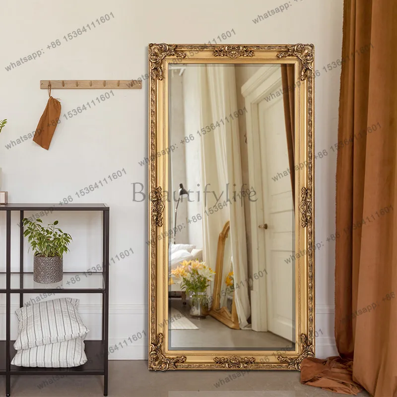 Vintage carved full-length mirror, home diagonal wall floor-to-ceiling French clothing store dressing fitting mirror
