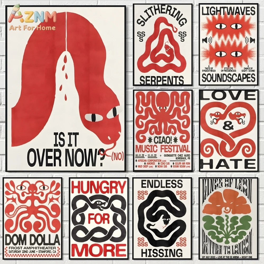 

AZNM Retro Psychedelic Snake Octopus Canvas Wall Art Print, Frameless Single Panel Abstract Graphic Illustration Poster, Trendy