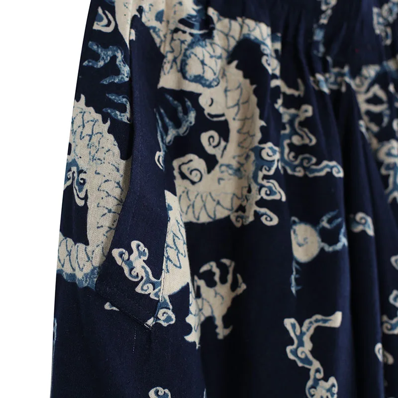 Dragon Printed Chinese Style Men Casual Pants Cotton & Linen Elastic Waist Drop Crotch Baggy Tapered Pants