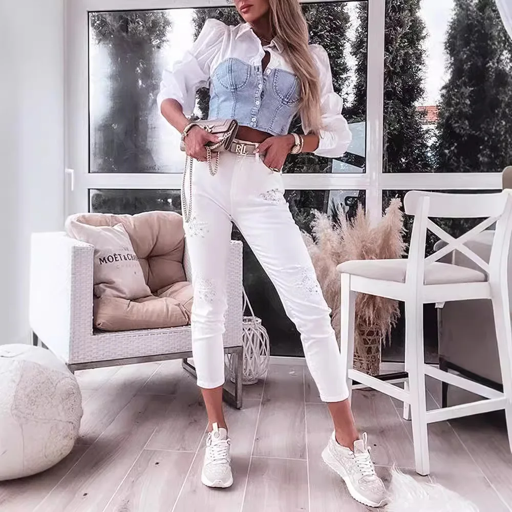 

New Women's Denim Patchwork Shirt Slim Fit Long Sleeve European Style Fashion Blend Fabric Male Applicable Spring 2023 China ...