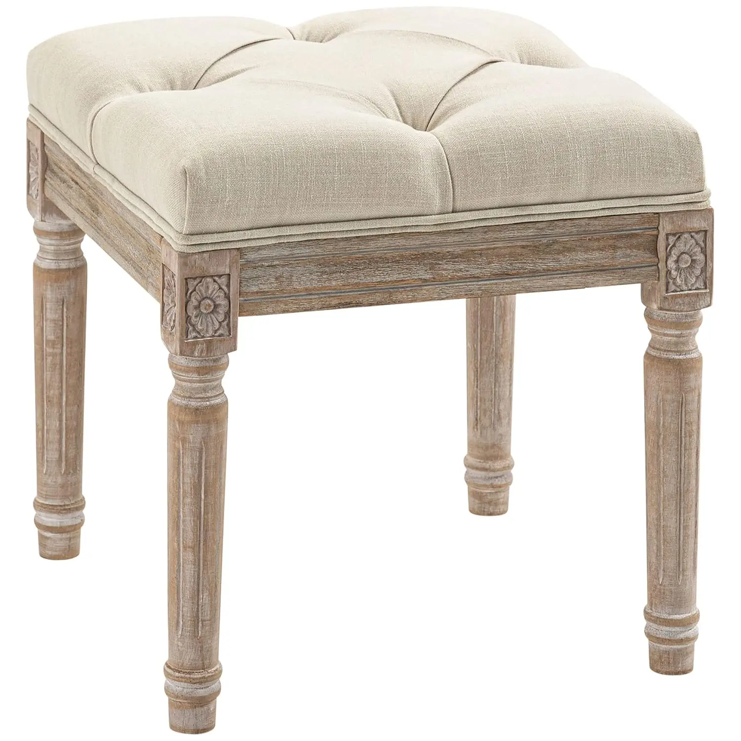 

Vintage Tufted Ottoman Foot Stool Upholstered Seat Rustic Wood Legs Bedroom Living Room 16in Beige, Customized