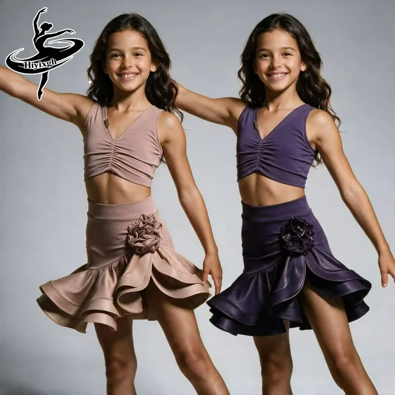 Latein-Tanzkleid für Mädchen, ärmelloses Oberteil, Blumen-Rüschenrock-Set, Cha-Cha-Rumba-Wettbewerb, Sasha-Tanz-Trainingskostüm