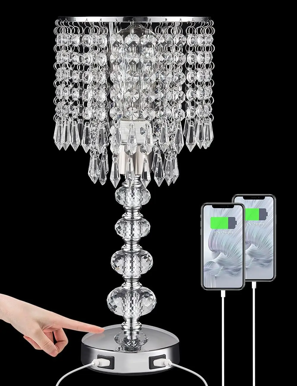 

Настольная лампа Crystal Touch с USB-портами, 3-ступенчатая регулировка яркости для спальни и гостиной