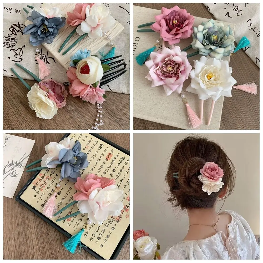 Antique Simulated Flowers U Shape Hair Stick Hair Comb Pearl Hanfu Hairpin Tassel Chinese Style Flower Hair Clip For Girl