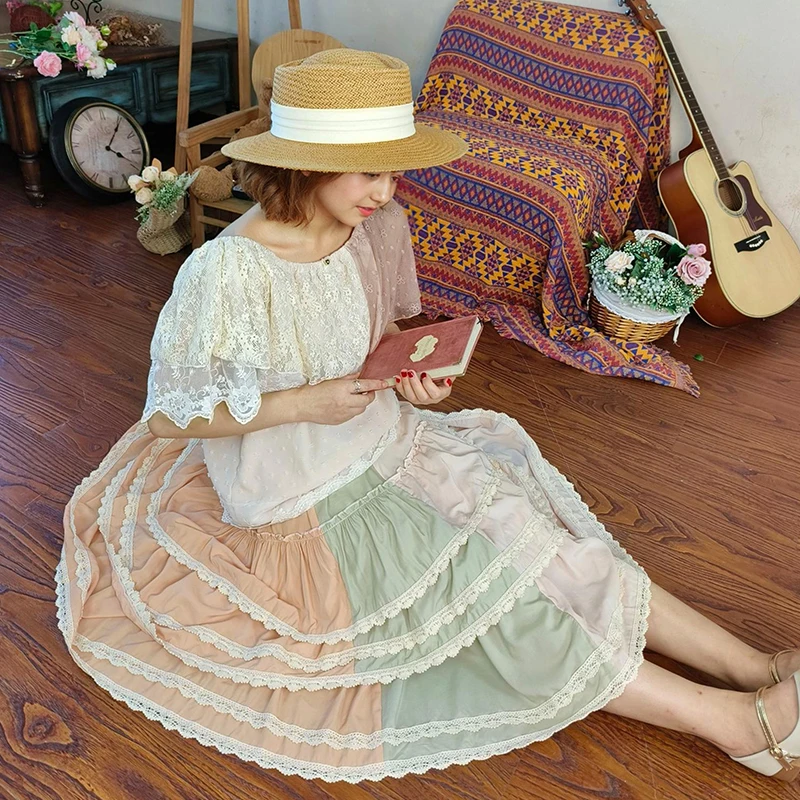 Neue Harajuku Mori Mädchen Süße A-linie Rock Frauen Kleidung Kontrast Farben Baumwolle Kawaii Falten Röcke Für Frau A074