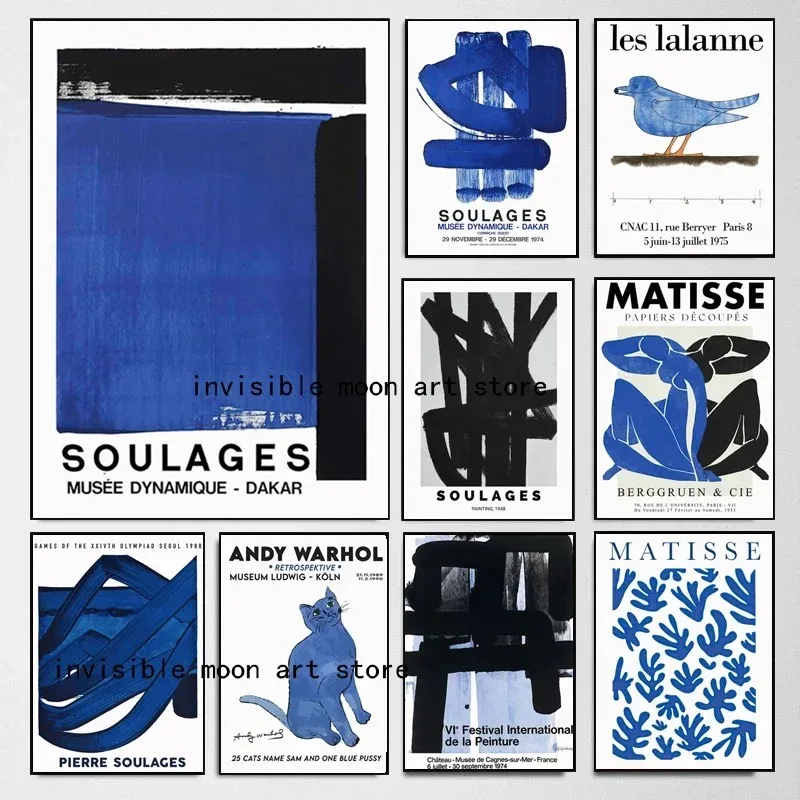 Painter Pierre Soulages and Matisse Artworks Blue White Art Posters Canvas Painting Wall Prints Pictures Room Home Decor Cuadros