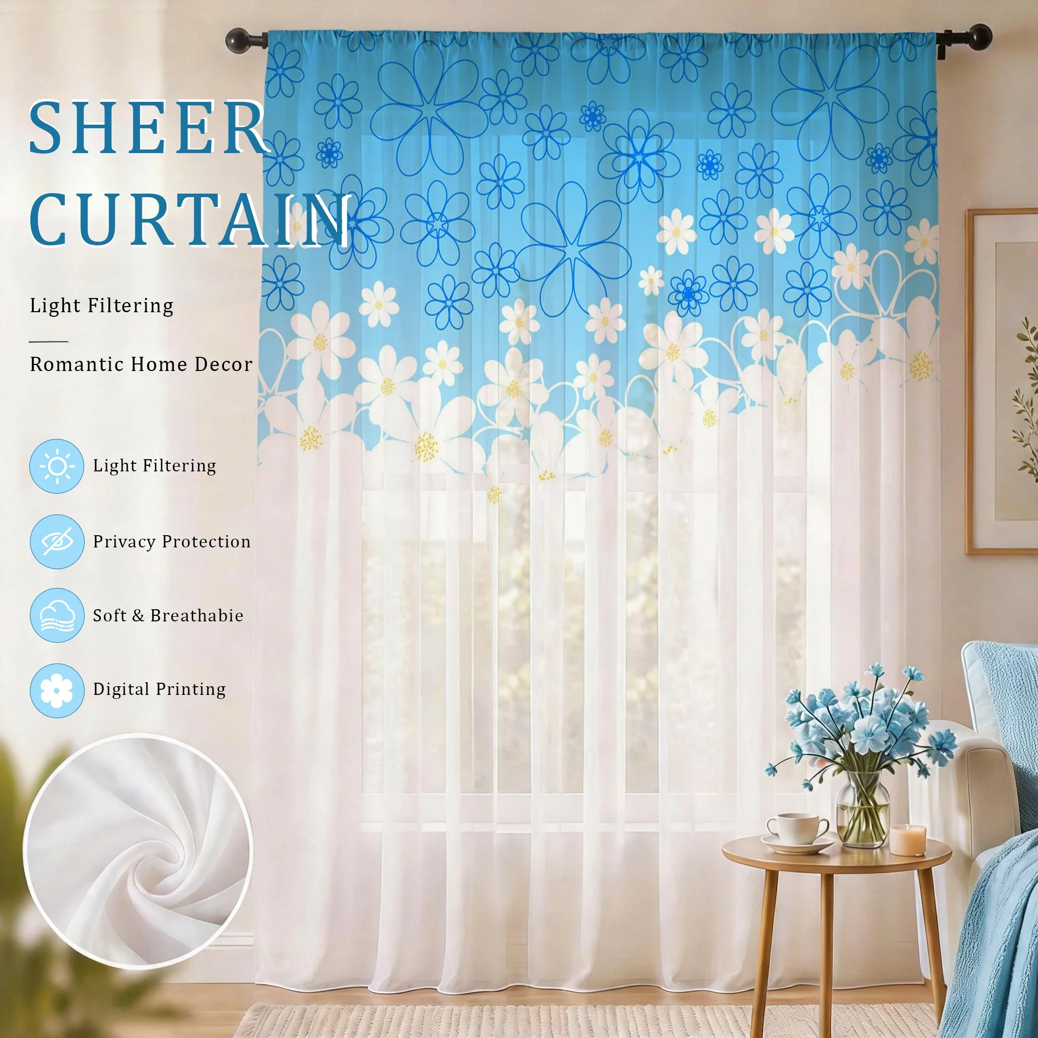 Light blue Modern Gradient Sheer Curtain, Good Quality Light Reducing Luxurious Privacy Voile for Living/Bedroom/Kids Room, Gift