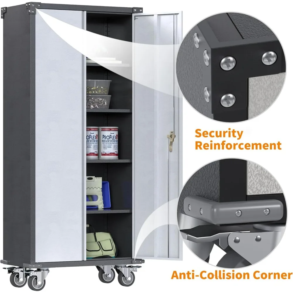 71" Metal Storage Cabinet with Wheels,Garage Storage Cabinet with Locking Doors and 4 Shelves,Lockable Rolling Tool Cabinet for