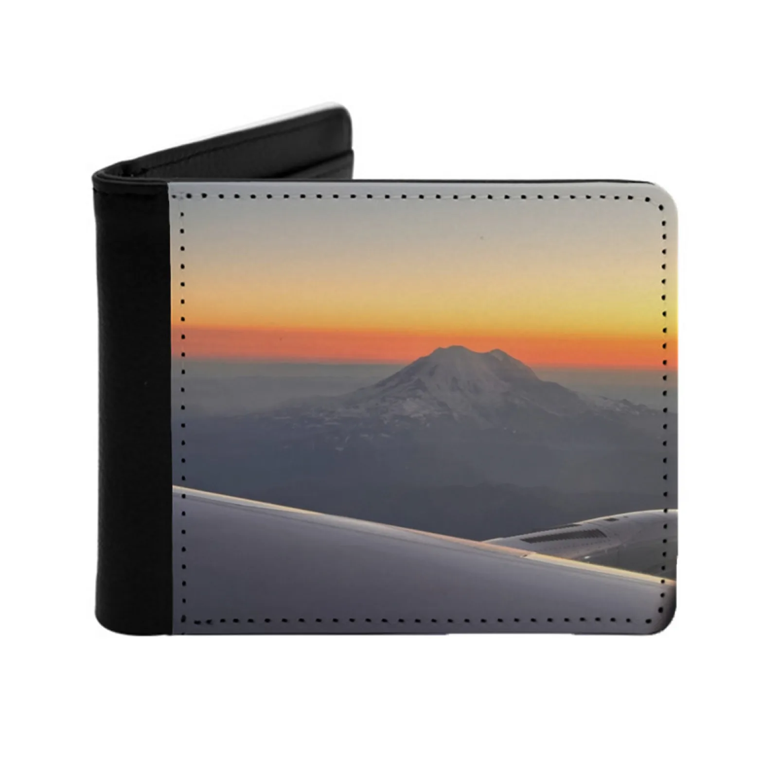 Mount Rainier Leather Men Wallets Credit Card Holder Purse Black Wallet Mountain And Sunsets Personalized Print Vintage