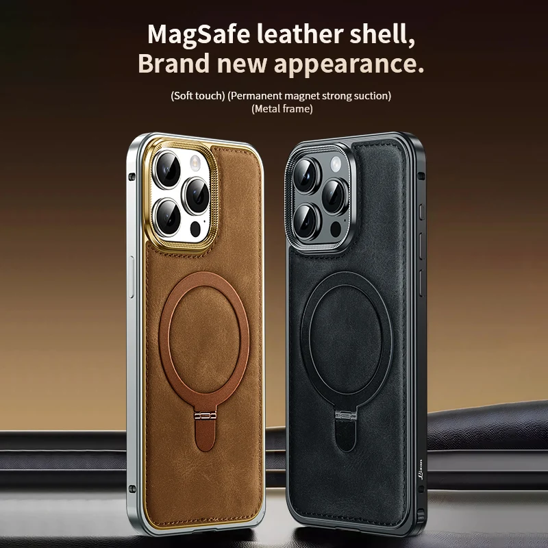 

Luxury Metal Frame Magnetic Stand Leather Phone Case For Iphone 14 15 Pro Max Aluminum Bumper With Ring Shell Shockproof Cover
