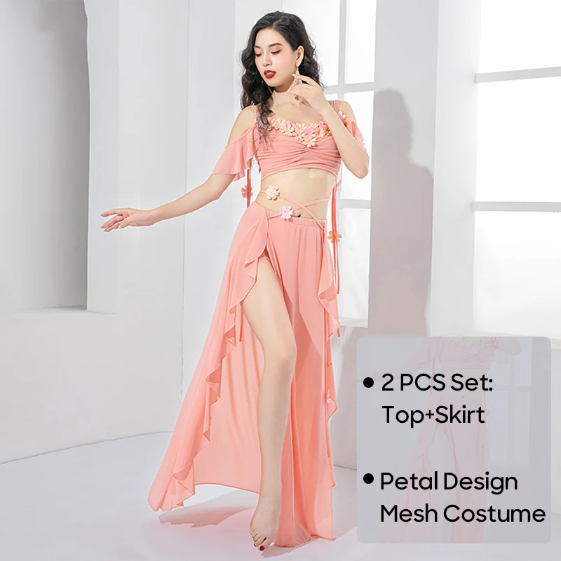 

Belly Dance Costume Wear Outfit Skirt and Top 2 PCs Set Petal Design For Adult Women Stage Performance Personal Practice Clothes