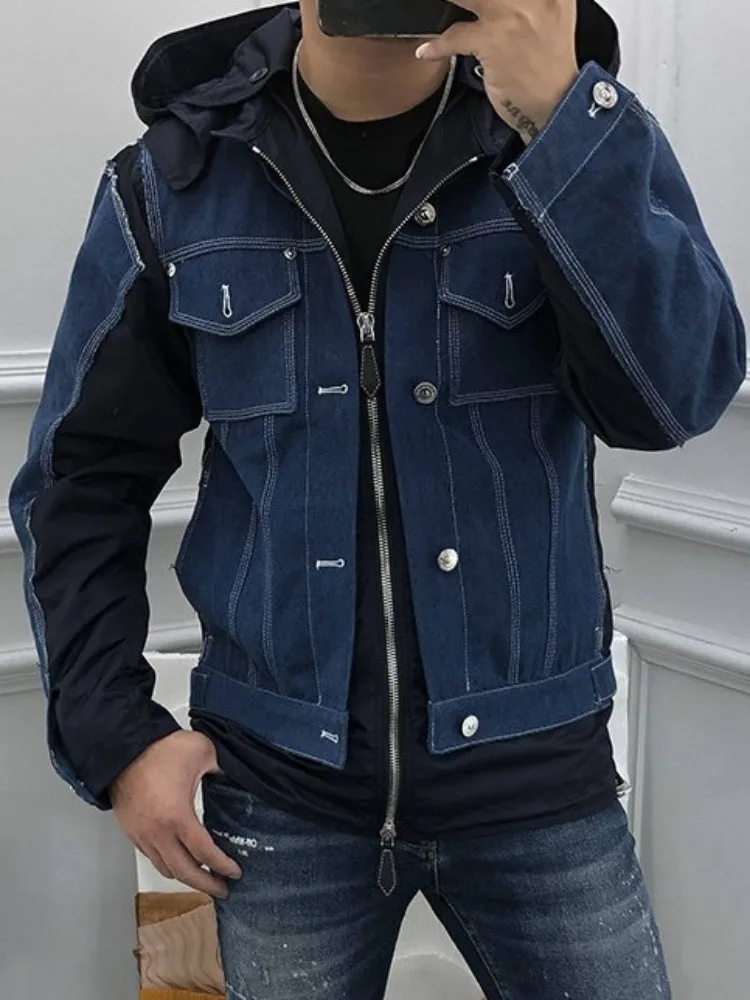 Streetwear Versatile Mens Hooded Long Sleeves Denim Jacket Fashion Solid Color Zipper Male Single-Breasted Pockets Outerwear