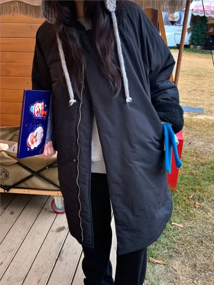 

Autumn Winter Korean Army Green Warm Jacket Lapel Check Sleeves Straight Coat Fashion Medium Long Ladies Puffer Padded Outwear