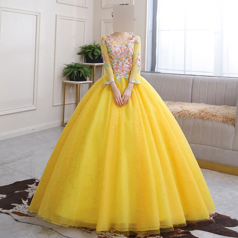 Vestido De baile dorado para mujer, vestidos De quinceañera, apliques De manga larga, vestidos De fiesta De cumpleaños De graduación, Vestido Formal De Noche