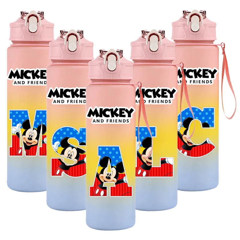 750Ml Large Capacity Disney Mickey Mouse Plastic Straw Water Cup Sports Water Bottle Letters A-Z Outdoor Camping Drinking Tools