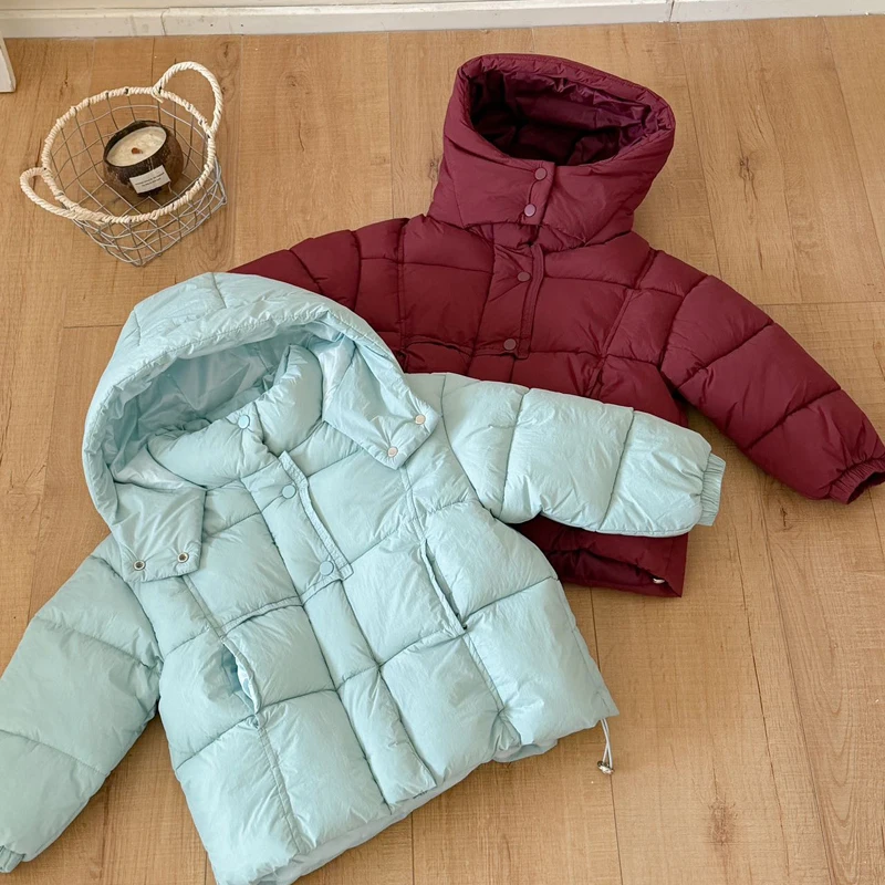 123  2026 Winter New Girls Jacket Solid Color Thick Warm Hooded Zipper Outwear For Girls Cotton Down Fashion Snow Clothes 4-10 Y