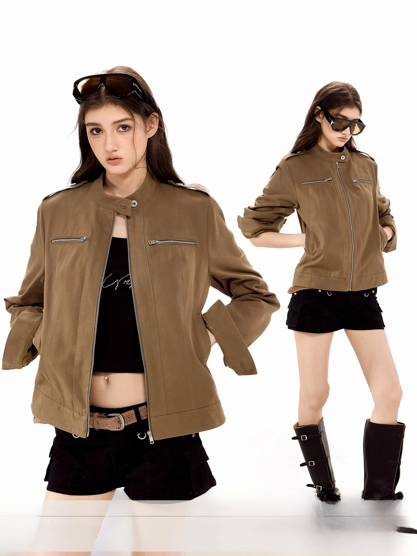 

Ich Mode American Retro Short Jacket Women's Casual Workwear Top Spring 2026 New Style round Neck Zipper Cotton Long Sleeve