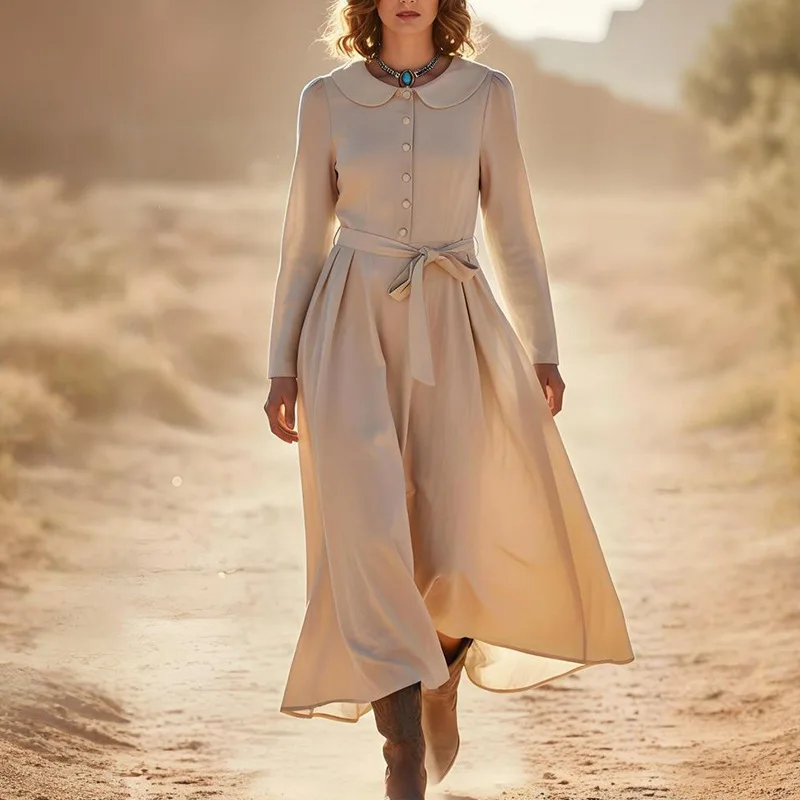 

Women's Solid Color Long Sleeve Dress European American Style Spring 2026 Loose Long Belted Fashion