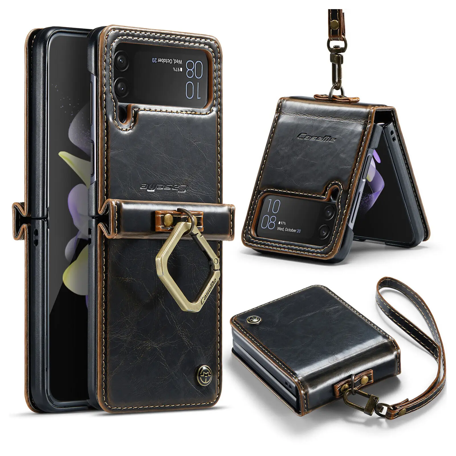 Retro Leather Ring Case for Samsung Galaxy Z Flip 5 4 3 5G Luxury Shockproof Holder Cover Flip4 Stand Skin Strap Coque Fundas