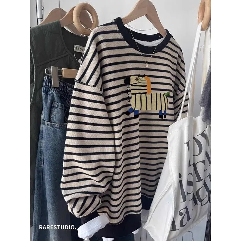 

Модный бархатный полосатый свитшот для женщин, осень и зима, новый свободный и универсальный повседневный свободный пуловер, топ