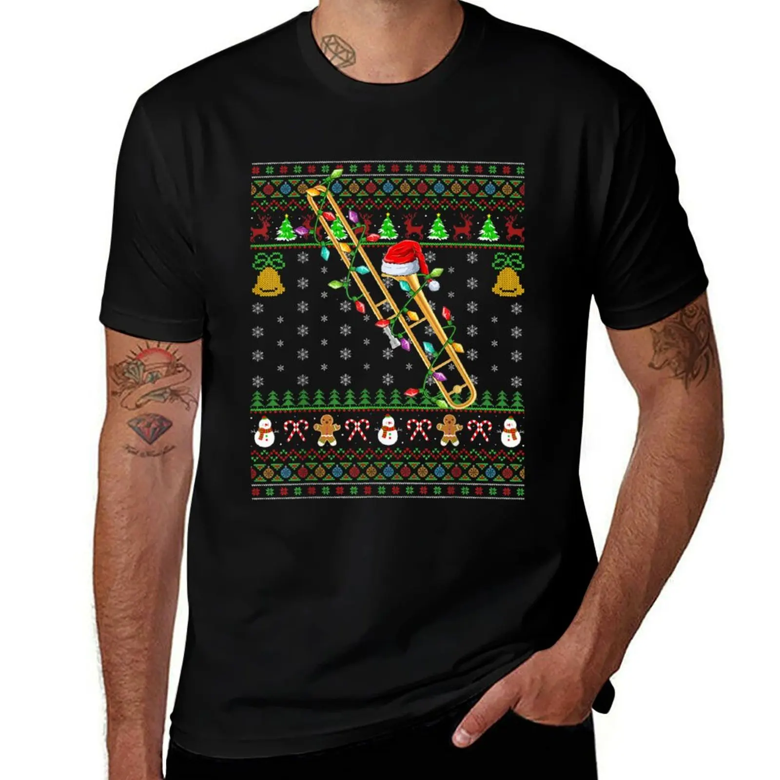 Funny Trombone Music Lover Santa Hat Trombone Ugly Christmas T-Shirt cute clothes mens vintage t shirts