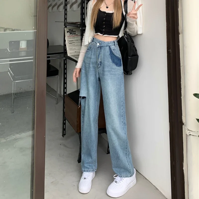 Ladies Slouchy Baggy Jeans Woman Clothing Girls Fashion Casual Ripped Blue Denim Wide Leg Pants Female Women Clothes VAP0285