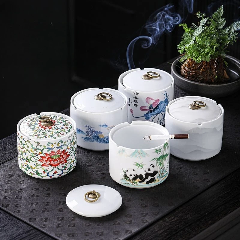 

Creative Painted Flower Ceramic Ashtray Dustproof Office Ashtray with Lid Home Cylindrical Ceramic Ashtray Gift Home Decoration