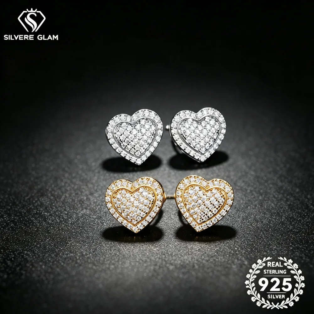 S925 Silver Pave Heart Stud Earrings D VVS1 Round Moissanite Full Paved Layered Heart Earrings Hip Hop Women Party Jewelry Gift