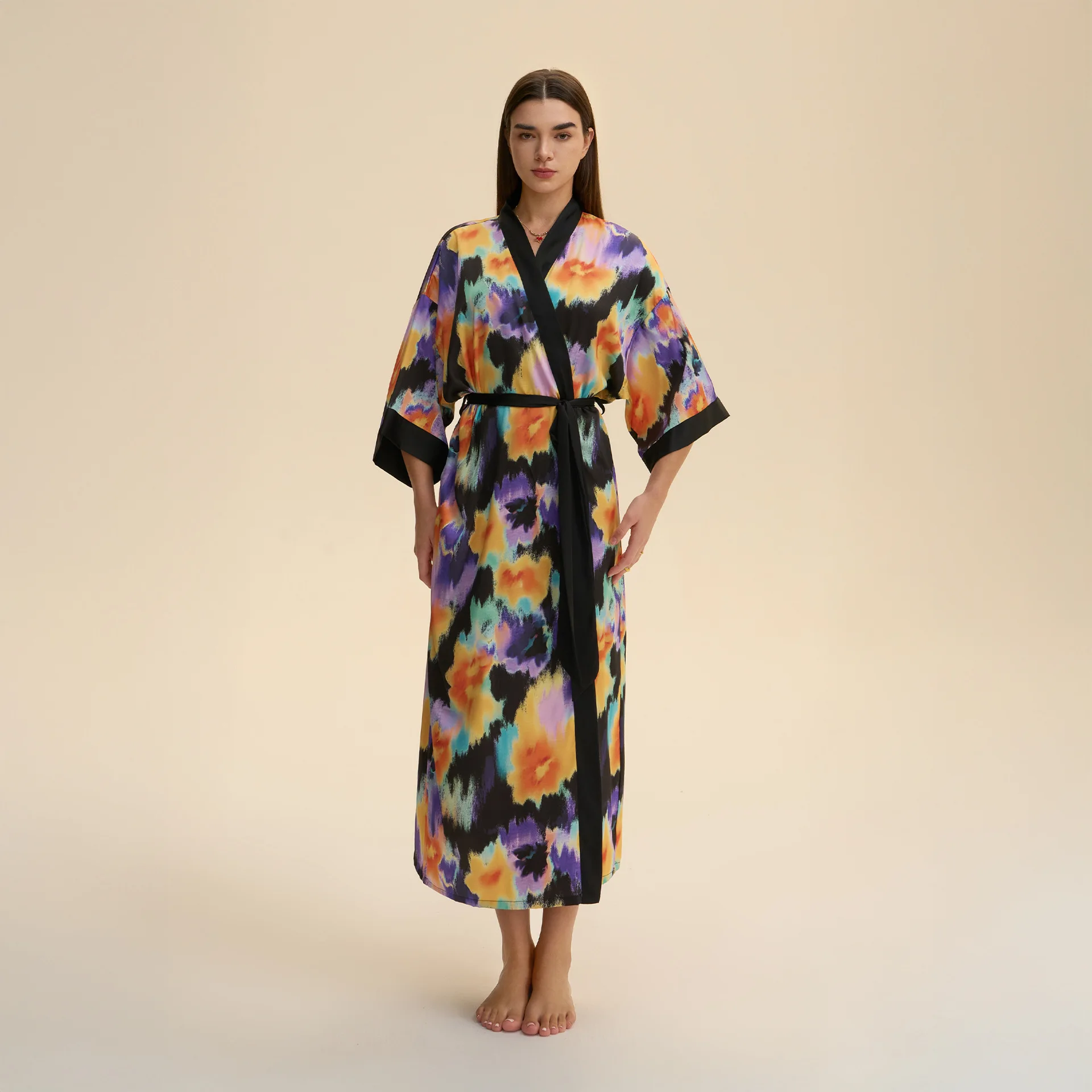 Spring Summrer Female Long Robe Sleepwear Print Kimono Bathrobe Gown Half Sleeve Nightgown Loose Satin Home Dress Lounge Wear 2