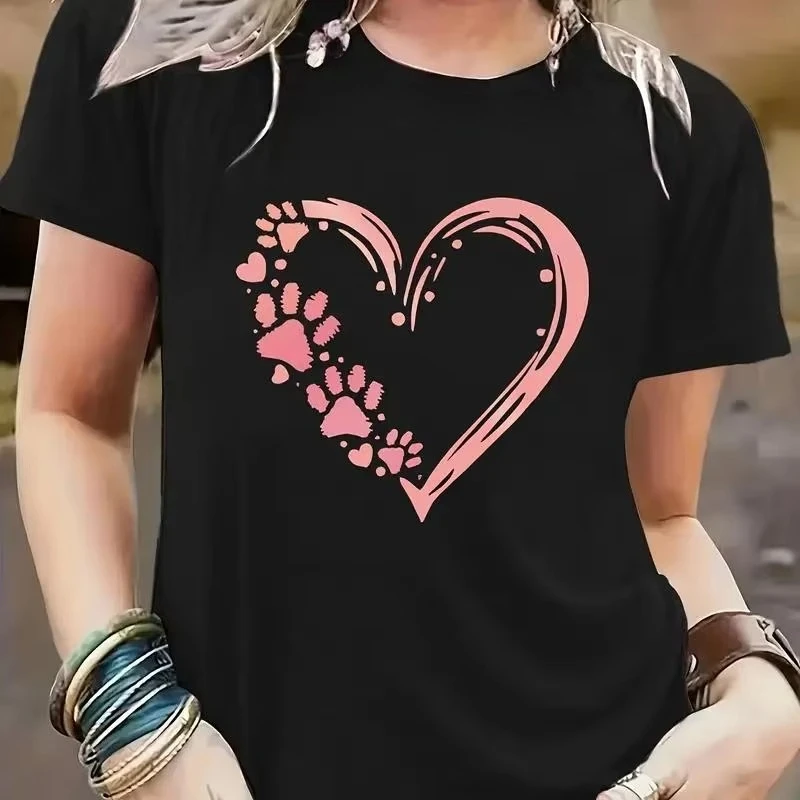 Heart & Paw Print Tee Fashion Summer Tshirt Unisex Tops Casual O-neck T Shirt Hip Hop Streetwear Tshirt Free Delivery Shipping