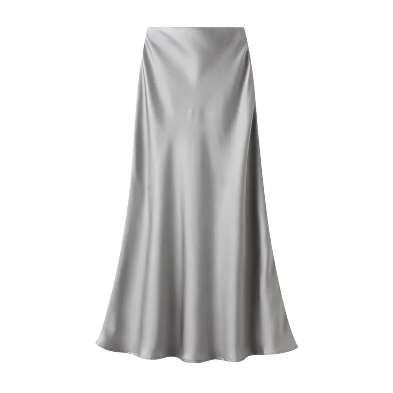 

High-waisted Slim Fishtail Skirt Grey Temperament Elegant Satin Skirt Women's Elastic Waist Mid-length Skirts for Women A4