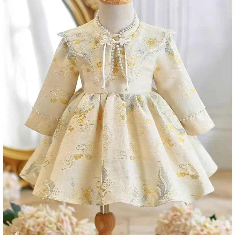 

Весенний новый стиль для девочек, вечернее платье на первый день рождения, маленький хозяин, Ид, Хэллоуин, Рождество, высокое качество, жемчужное платье, платье принцессы