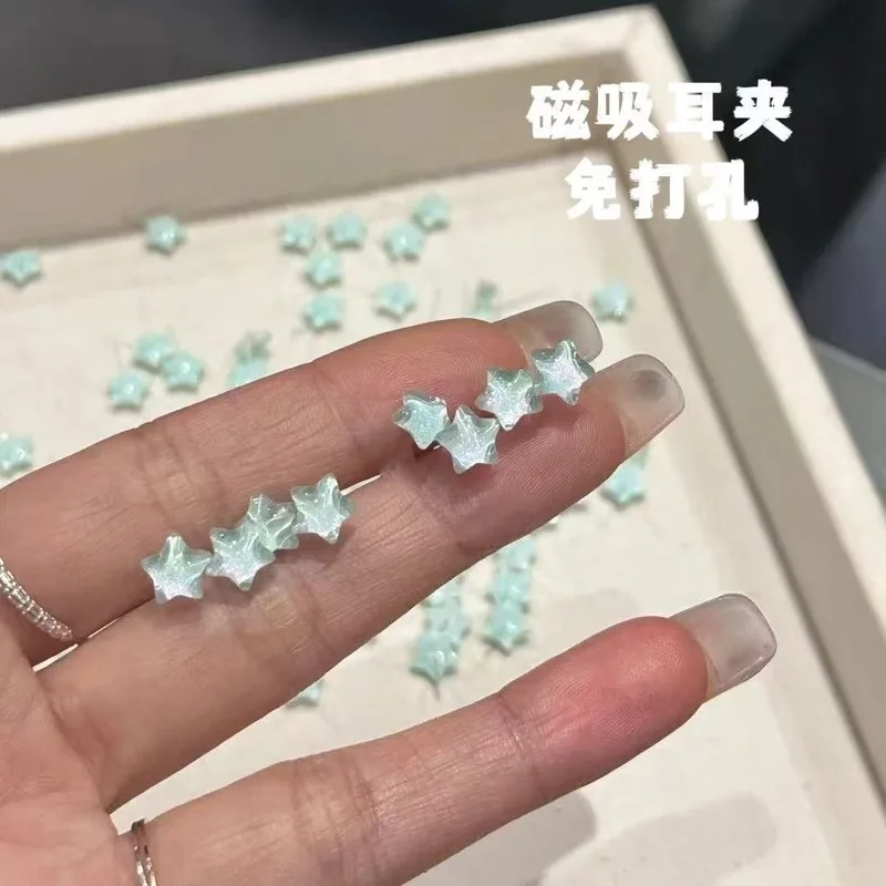 Magnetic Earrings No Piercing Five Point Star Ice Blue Rhinestone Crystal Ear Studs for Women Men Hypoallergenic Jewelry Gift
