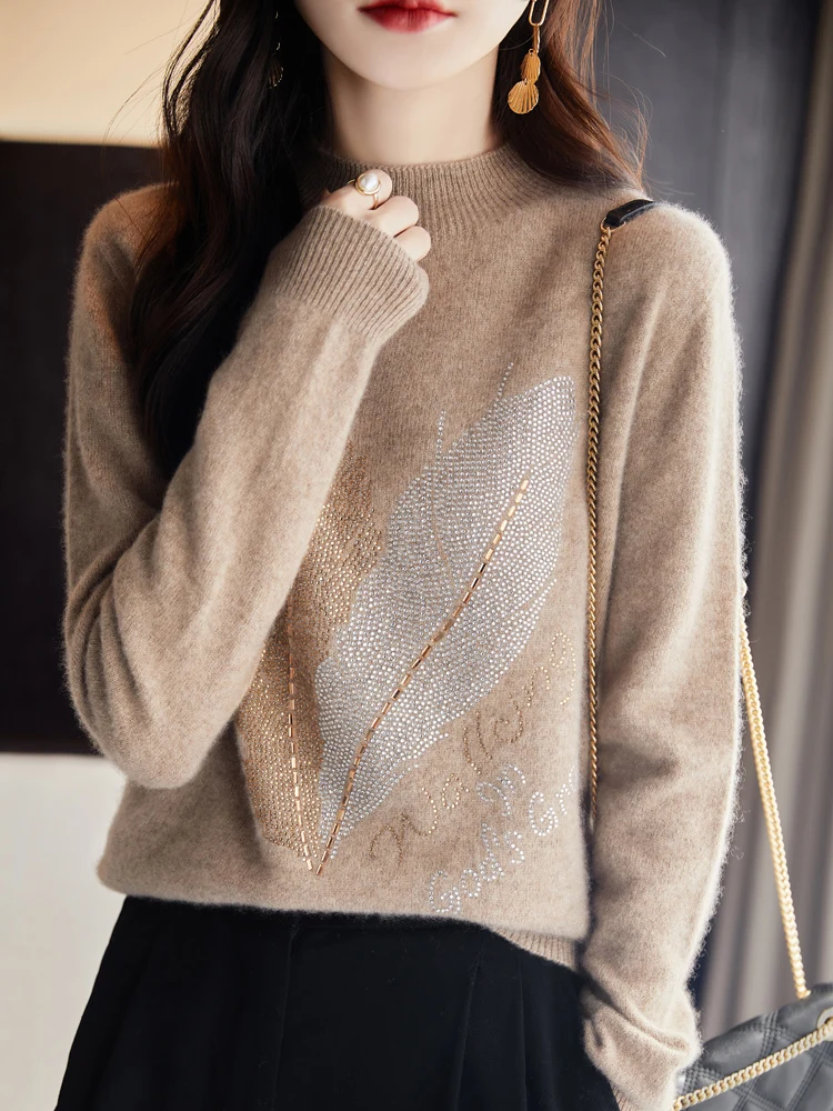 100% Merino Wool Women's Round Neck Knitted Spring Autumn First-line Ready Wear Rhinestone Cashmere Sweater